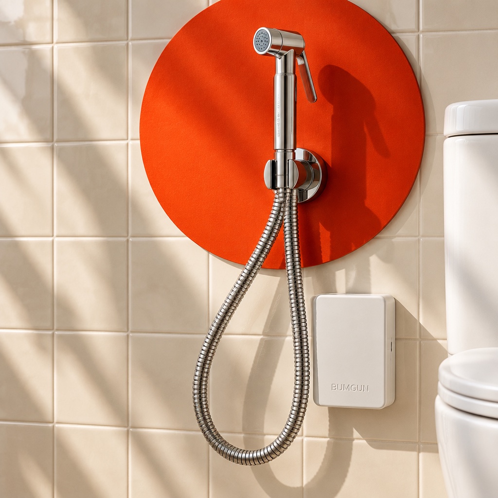 BumGun chrome bidet spray and concept backflow housing in a sunlit tiled bathroom